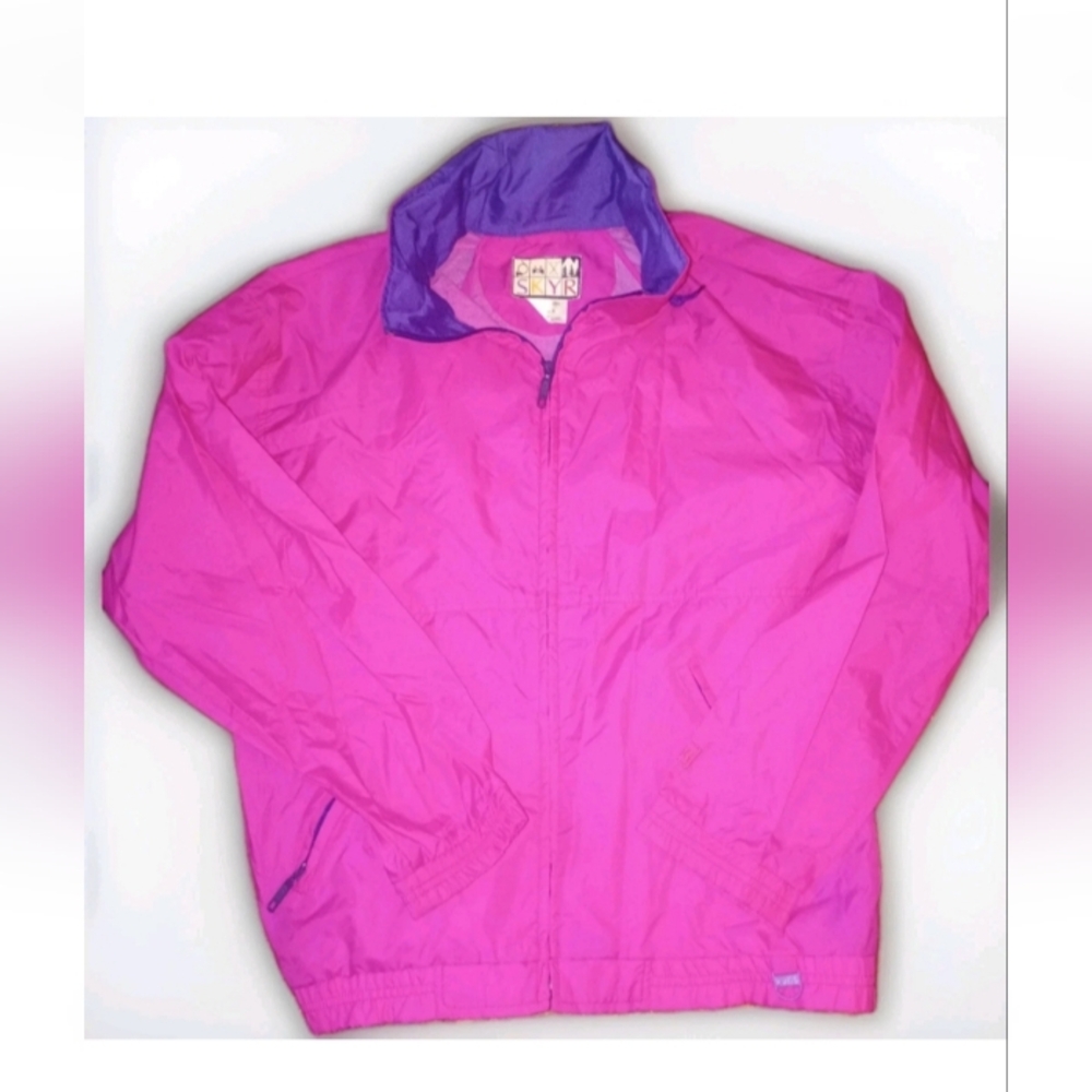 VTG 90s Skyr Pink Windbreaker Jacket Purple Hood Pockets Retro Hike Nylon Medium